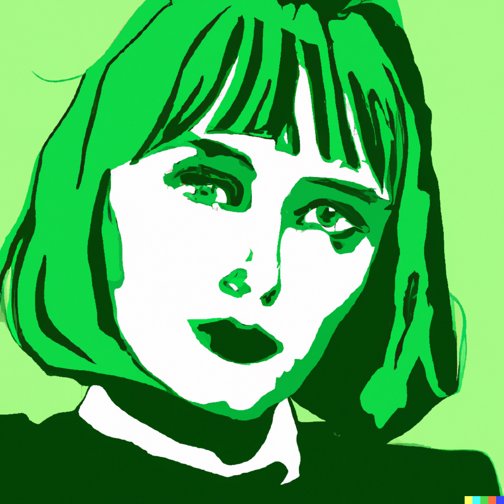 Agnes b. portant un manteau vert. Peint à la façon Andy Warhol.
