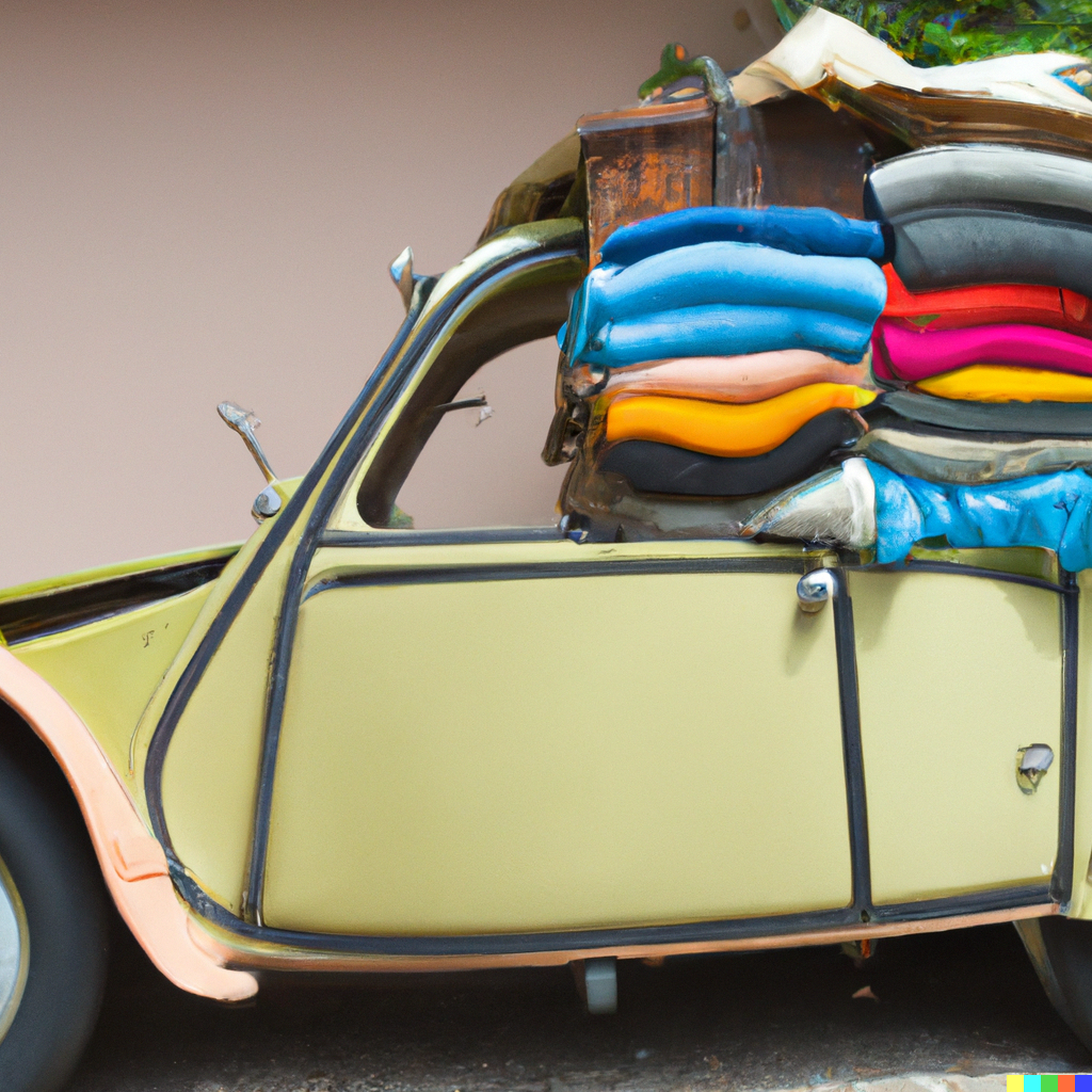 Renault 2CV transportant des vêtements intemporels de toutes les couleurs. Analogie de la Slow-Fashion. Image Azala.