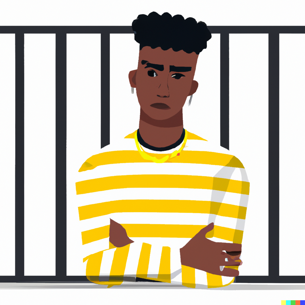 An unhappy guy wearing a yellow strapped tee-shirt behind bars