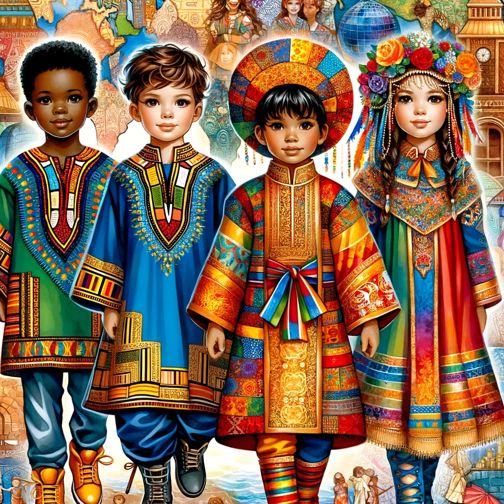4 enfants venant des 4 coins du monde portant des tenues colorées.