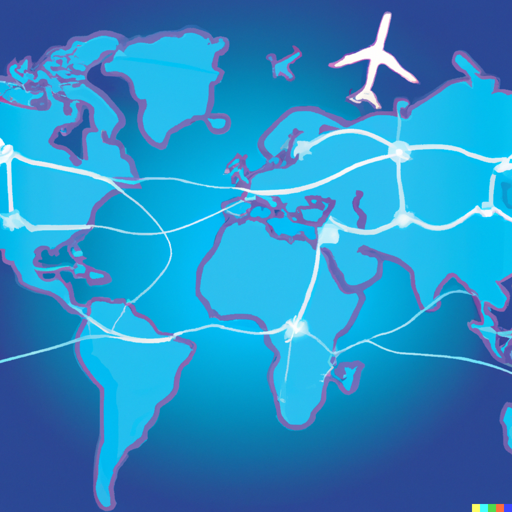 Carte du monde bleue avec un avion 